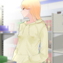 Rule 34 | 1girl, blonde hair, blurry, blurry background, breasts, commentary request, covered erect nipples, drawstring, green hoodie, hands in pocket, highres, hood, hood down, hoodie, long hair, medium breasts, original, profile, ricochet-gou, shelf, shop, solo, upper body