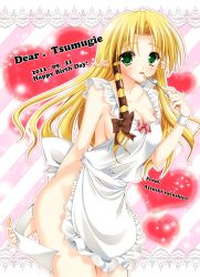 Rule 34 | 00s, 1girl, 2012, :d, apron, blonde hair, blush, breasts, dated, fork, green eyes, happy birthday, heart, highres, holding, holding fork, kareha, long hair, looking at viewer, medium breasts, naked apron, open mouth, pointy ears, shuffle!, smile, solo, suzushiro atsushi