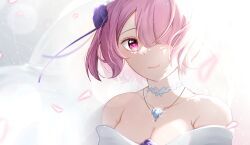 Rule 34 | 1girl, absurdres, bare shoulders, breasts, bride, choker, commentary request, dress, flower, hair flower, hair ornament, hair over one eye, heart, heart-shaped pupils, highres, jewelry, light smile, looking at viewer, medium breasts, necklace, olivia66949612, pink eyes, pink hair, ram (re:zero), re:zero kara hajimeru isekai seikatsu, short hair, smile, solo, strapless, strapless dress, symbol-shaped pupils, wedding dress, white choker, white dress
