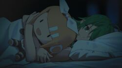 Rule 34 | 1girl, ahoge, bare arms, bed, blanket, blonde hair, bow, character doll, commentary, frown, green eyes, green hair, gumi, hair bow, highres, indoors, kagamine rin, lonely, looking at viewer, lying, medium hair, night, on side, pillow, solo, tearing up, under covers, vocaloid, white bow, wounds404