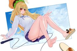 Rule 34 | 1girl, ahoge, arm support, bare legs, barefoot, blonde hair, blue ribbon, blue sky, border, breasts, buyange, cloud, cloudy sky, commentary request, feet, frilled sleeves, frills, full body, hair between eyes, hand on own knee, highres, jingburger, knees up, korean commentary, large breasts, leaning back, legs, long hair, long sleeves, microphone, miniskirt, nail polish, neck ribbon, open mouth, pink nails, pleated skirt, red eyes, ribbon, shirt, shoes, sidelocks, single shoe, skirt, sky, slippers, soles, solo, thighs, toenail polish, toenails, toes, virtual youtuber, waktaverse, white border, white shirt