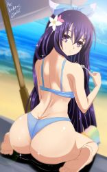 Rule 34 | 1girl, absurdres, ass, back, bare shoulders, beach, closed mouth, date a live, feet, flower, flower on head, food, highres, ice cream, long hair, purple eyes, purple hair, sand, swimsuit, tagme, the amazing gambit, water, yatogami tooka