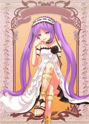 Rule 34 | 1girl, bare shoulders, bracelet, choker, dress, fate/grand order, fate/hollow ataraxia, fate (series), feet, headband, jewelry, legs, looking at viewer, looking down, open mouth, purple eyes, purple hair, sandals, slit pupils, stheno (fate), tagme, thighs, toes, twintails, very long hair, white dress