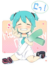 Rule 34 | 1girl, aged down, alternate hair length, alternate hairstyle, aqua hair, blush, child, closed eyes, grin, hatsune miku, headphones, pillow, short hair, short twintails, smile, solo, spring onion, themed object, tsukina (artist), twintails, v, vocaloid