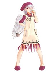 Rule 34 | 1girl, angel wings, apron, dress, full body, hat, kishin sagume, ladle, legs apart, looking at viewer, md5 mismatch, nama shirasu, purple dress, red eyes, resolution mismatch, silver hair, single wing, slippers, solo, source larger, standing, tasting, touhou, wings