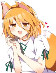 Rule 34 | 1girl, animal ears, blush, bow, commentary request, eyelashes, fox ears, fox tail, green bow, hair between eyes, hands up, heart, highres, kudamaki tsukasa, looking to the side, open mouth, orange eyes, orange hair, own hands together, romper, short hair, short sleeves, simple background, smile, solo, tail, tongue, touhou, upper body, white background, white romper, zerokosan