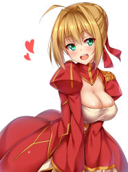 Rule 34 | 10s, 1girl, aestus estus, ahoge, blonde hair, breasts, cleavage, commentary request, dress, epaulettes, fate/extra, fate (series), green eyes, hair between eyes, hair intakes, heart, highres, kuragari, large breasts, looking at viewer, nero claudius (fate), nero claudius (fate) (all), nero claudius (fate/extra), open mouth, red dress, solo, white background