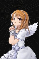Rule 34 | 1girl, angel wings, blush, commentary request, dress, grey eyes, hairband, highres, idolmaster, idolmaster cinderella girls, interlocked fingers, light smile, long hair, looking at viewer, mishishi, orange hair, own hands clasped, own hands together, short sleeves, solo, upper body, white dress, white hairband, white wings, wings, wrist cuffs, yuuki haru