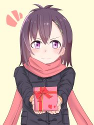 Rule 34 | 1girl, absurdres, black jacket, blush, gabriel dropout, gift, hair between eyes, hair ornament, hairclip, highres, holding, holding gift, jacket, looking at viewer, medium hair, nervous, purple eyes, purple hair, red scarf, scarf, serious, simple background, solo, sweatdrop, vignette tsukinose april, valentine, x hair ornament