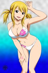 Rule 34 | 1boy, 1girl, bikini, blonde hair, breasts, brown eyes, cleavage, fairy tail, gradient background, highres, large breasts, lucy heartfilia, natsu dragneel, navel, open mouth, swimsuit, tattoo, teeth