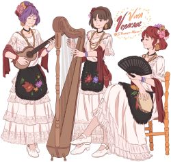 Rule 34 | 3girls, alternate costume, alternate hairstyle, apron, bracelet, brown eyes, brown hair, chair, collarbone, commentary, copyright name, dress, earrings, closed eyes, flower, folding fan, hair flower, hair ornament, hair up, hairband, hand fan, harp, highres, horikawa raiko, instrument, jewelry, leona (instrument), mefomefo, mexican dress, mexico, multiple girls, music, necklace, pantyhose, playing instrument, purple hair, red hair, shoes, short hair, simple background, sitting, standing, tambourine, touhou, tsukumo benben, tsukumo yatsuhashi, white background, white dress, white footwear
