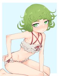 Rule 34 | 1girl, between legs, bikini, blue background, blush, bow, collarbone, curly hair, eds, embarrassed, expressionless, face, feet out of frame, flat chest, frilled bikini, frills, green eyes, green hair, hand between legs, hand on own hip, highres, looking away, multi-strapped bikini, navel, on ground, one-punch man, red bow, short hair, simple background, solo, swimsuit, tatsumaki, white bikini