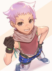 Rule 34 | 1girl, belt, boots, brown eyes, cape, clenched hand, commentary request, from above, gloves, grin, hand on own hip, hermana larmo, highres, knee boots, pants, penguu (green528), pink shirt, purple hair, scarf, shirt, shoes, short hair, smile, solo, tales of (series), tales of innocence, very short hair, white legwear