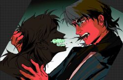 Rule 34 | 2boys, black scarf, blazer, blue jacket, brown hair, cannibalism, closed eyes, commentary request, grey eyes, holding, holding hair, hyoudou kazuya, itou kaiji, jacket, kaiji, long hair, looking at another, male focus, multiple boys, open mouth, scarf, short hair, teeth, upper body, zvz (tt82295946)