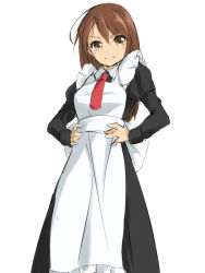Rule 34 | 1girl, apron, brown eyes, brown hair, fumi11gou, hands on own hips, long hair, looking at viewer, maid, maid apron, smile, solo, standing