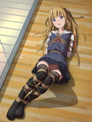 Rule 34 | 1girl, arms behind back, bdsm, black thighhighs, blonde hair, blue eyes, bondage, bound, bound legs, breasts, fang, feet, full body, hair ornament, hair ribbon, highres, himitsu (hi mi tsu 2), indoors, legs, long hair, lying, no panties, no shoes, on back, on floor, open mouth, pleated skirt, pussy, ribbon, rope, saenai heroine no sodatekata, sawamura spencer eriri, school uniform, skindentation, skirt, small breasts, solo, thighhighs, twintails, uncensored
