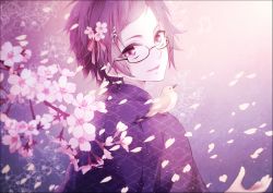 Rule 34 | 1boy, bird, cherry blossoms, flower, from behind, glasses, hair flower, hair ornament, japanese clothes, looking at viewer, looking back, male focus, moco 315, niconico, niconico bar, petals, purple eyes, purple hair, sakanashi touya, solo, utaite