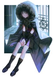 Rule 34 | 1boy, 4the2ofus, armor, black footwear, black hair, blue eyes, boots, closed mouth, coat, commentary request, fur-trimmed coat, fur trim, genshin impact, hair between eyes, highres, hood, hood up, hooded coat, indoors, japanese armor, japanese clothes, knee boots, kote, kurokote, looking at viewer, male focus, own hands together, scaramouche (genshin impact), signature, sitting, solo, window