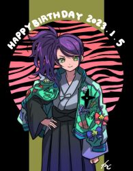 Rule 34 | 1girl, black hakama, blue bow, bow, closed mouth, commentary request, cowboy shot, dated, green jacket, hakama, hakama skirt, hand on own hip, happy birthday, heart, jacket, jacket on shoulders, japanese clothes, kimono, long hair, long sleeves, looking at viewer, open clothes, open jacket, pretty series, pripara, purple hair, red bow, rituyama1, side ponytail, signature, skirt, smile, solo, standing, star (symbol), toudou shion, wide sleeves, yellow eyes
