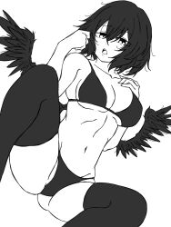 Rule 34 | 1girl, bikini, bird wings, black feathers, black hair, black wings, breasts, commentary, feathered wings, feathers, fumomono, greyscale, half-closed eyes, highres, looking at viewer, medium breasts, messy hair, monochrome, navel, open mouth, shameimaru aya, short hair, simple background, solo, swimsuit, thighhighs, touhou, white background, wings