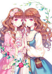 Rule 34 | 2girls, blue dress, blunt bangs, braid, brown hair, choker, dress, flower, french braid, frills, highres, holding hands, jewelry, long hair, looking at viewer, multiple girls, necklace, nishimura eri, official art, original, own hands together, pink dress, pouch, purple eyes, ribbon, rose, smile, wavy hair