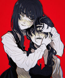 Rule 34 | &gt;:), 2girls, :3, black dress, black hair, chainsaw man, collared shirt, commentary, covered eyes, dress, dual persona, facial scar, facing viewer, film grain, hands on another&#039;s face, heads together, highres, limited palette, long sleeves, looking at another, low twintails, medium hair, miba, mitaka asa, multiple girls, neck ribbon, open mouth, pinafore dress, red background, ribbon, ringed eyes, scar, scar on cheek, scar on face, school uniform, shirt, simple background, sleeveless, sleeveless dress, snot, tears, twintails, twitter username, upper body, v-shaped eyebrows, white shirt, yellow eyes, yoru (chainsaw man)