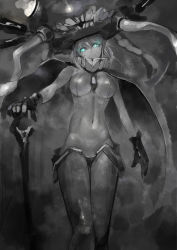 Rule 34 | 10s, 1girl, abyssal ship, breasts, glowing, glowing eyes, highres, kantai collection, koruse, large breasts, looking at viewer, monochrome, solo, wo-class aircraft carrier
