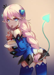 Rule 34 | 1girl, blue eyes, braid, cake, crown, eating, food, highres, horns, long hair, looking at viewer, luciela r. sourcream, pointy ears, skirt, solo, symbol-shaped pupils, tail, thighhighs, white hair, zettai ryouiki
