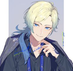 Rule 34 | 1boy, black shirt, blonde hair, blue eyes, blue hair, blue lock, character name, collared shirt, grey jacket, hand tattoo, hand up, highres, jacket, jacket on shoulders, long hair, long sleeves, looking at viewer, male focus, michael kaiser, multicolored hair, partially unbuttoned, shirt, smile, sohu, solo, tattoo, twitter username, two-tone hair, upper body