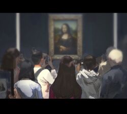 Rule 34 | bald, black hair, brown hair, camera, cape, cellphone, crowd, fate/grand order, fate (series), fine art parody, forzen, from behind, highres, leonardo da vinci (fate), letterboxed, long hair, mona lisa, museum, painting (object), parody, phone, red cape, smartphone, taking picture