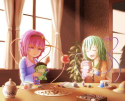 Rule 34 | 2girls, aletto-mikan, checkerboard cookie, cookie, cup, curtains, doll, closed eyes, food, green hair, hairband, hat, heart, heart of string, indoors, komeiji koishi, komeiji satori, multiple girls, needle, open mouth, pincushion, pink hair, scissors, sewing needle, short hair, siblings, sisters, smile, spool, tea set, teacup, third eye, touhou, wallpaper (object), window