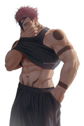 Rule 34 | 1boy, abs, arm tattoo, bara, black nails, black shorts, black tank top, clothes lift, covering own mouth, cowboy shot, earrings, facial tattoo, guilty challenge (meme), half mask, hand in pocket, hand under clothes, hand under shirt, innaillus, jewelry, jujutsu kaisen, love handles, male focus, male pubic hair, mask, mature male, meme, muscular, muscular male, navel, navel hair, neck tattoo, pink hair, pubic hair, red eyes, ryoumen sukuna (jujutsu kaisen), shirt, shirt lift, shorts, simple background, solo, stomach tattoo, stud earrings, tank top, tattoo, veins, white background