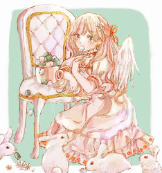 Rule 34 | 1girl, absurdres, angel wings, aqua background, arm rest, ayatokoroten, blonde hair, chair, commentary, cup, daisy, dress, earrings, english commentary, flower, food, food in mouth, green eyes, hair flower, hair ornament, hair ribbon, hand on own chest, highres, jewelry, long hair, looking at viewer, marshmallow, on floor, original, puffy short sleeves, puffy sleeves, rabbit, ribbon, short sleeves, simple background, sitting, sleeve cuffs, solo, star (symbol), star earrings, very long hair, white dress, wings