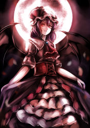 Rule 34 | 1girl, ascot, bad id, bad pixiv id, bat wings, brooch, corset, dress, frilled dress, frills, full moon, gradient background, hat, hat ribbon, highres, jan (lightdragoon), jewelry, looking at viewer, mob cap, moon, pink dress, puffy short sleeves, puffy sleeves, red eyes, remilia scarlet, ribbon, short sleeves, solo, touhou, wings