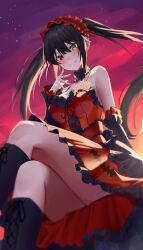 Rule 34 | 1girl, black hair, breasts, choker, clock eyes, closed mouth, crossed legs, date a live, detached sleeves, dress, floating hair, frilled choker, frilled dress, frilled hairband, frilled sleeves, frills, from below, gothic lolita, gradient sky, hairband, hand up, heterochromia, highres, large breasts, lolita fashion, long hair, looking at viewer, red dress, red eyes, sitting, sky, smile, solo, star (sky), starry sky, symbol-shaped pupils, thighs, tokisaki kurumi, twintails, yellow eyes, yorugami rei
