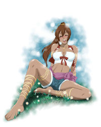 Rule 34 | 00s, 1girl, ankle lace-up, arm support, barefoot, blush, breasts, brown hair, cleavage, cross-laced footwear, dark-skinned female, dark skin, closed eyes, highres, leaning back, leg ribbon, legs, midriff, navel, noloty, noloty malche, ponytail, ribbon, sabachiyo land, sitting, solo, strapless, tatakau shisho, thigh ribbon, tube top
