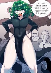 Rule 34 | 1boy, 1girl, absurdres, bald, black dress, curly hair, dress, english text, flipped hair, floating, floating clothes, floating hair, floating object, floating rock, green eyes, green hair, highres, levitation, long sleeves, looking at viewer, mrcaptainart, no panties, one-punch man, open mouth, pelvic curtain, petite, psychic, rubble, saitama (one-punch man), short hair, tatsumaki, telekinesis, thick thighs, thighs, translation request