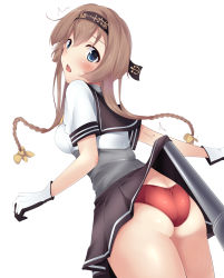 Rule 34 | 10s, 1girl, ass, bad id, bad pixiv id, blue eyes, blush, braid, brown hair, butt crack, clothes lift, clothes writing, cowboy shot, from behind, gloves, hair ornament, headband, highres, kantai collection, looking back, nksk, open mouth, panties, propeller, propeller hair ornament, red panties, sailor collar, simple background, skirt, skirt lift, sweatdrop, teruzuki (kancolle), thighs, twin braids, underwear, white background, white gloves