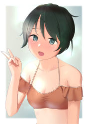 Rule 34 | 1girl, bikini, black hair, blush, breasts, cleavage, commentary request, hair between eyes, highres, kantai collection, looking at viewer, mogami (kancolle), open mouth, orange bikini, sakieko, short hair, simple background, small breasts, solo, swimsuit, upper body, v