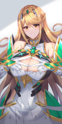 Rule 34 | 1girl, absurdres, baketsu, bare shoulders, blonde hair, breasts, chest jewel, cleavage, cleavage cutout, clothing cutout, double v, dress, earrings, elbow gloves, gloves, highres, jewelry, large breasts, long hair, looking at viewer, mythra (xenoblade), solo, swept bangs, tiara, v, white dress, white gloves, xenoblade chronicles (series), xenoblade chronicles 2, yellow eyes