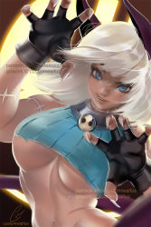 Rule 34 | 1girl, animal ears, aqua sweater, artist name, bell, black collar, black gloves, blue eyes, breasts, cat ears, cat girl, claw pose, claws, collar, commentary, crop top, custom waifus, dark-skinned female, dark skin, english commentary, face, fang, female focus, fingerless gloves, gloves, large breasts, lips, looking at viewer, midriff, ms. fortune (skullgirls), navel, neck bell, patreon username, ribbed sweater, scar, short hair, signature, skullgirls, smile, solo, stomach, sweater, torn clothes, underboob, watermark, white hair