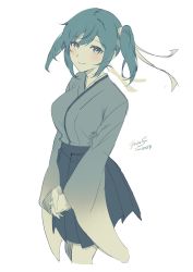Rule 34 | 1girl, blue hair, blush, breasts, cowboy shot, dated, green hakama, green kimono, hair between eyes, hair ribbon, hakama, hakama short skirt, hakama skirt, highres, japanese clothes, kantai collection, kimono, large breasts, long sleeves, looking at viewer, medium hair, one-hour drawing challenge, pleated skirt, ribbon, saiki yuzuri, skirt, smile, souryuu (kancolle), twintails, twitter username, wide sleeves