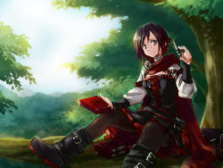 Rule 34 | 1girl, boots, brown hair, bullet, capelet, corset, forest, looking at viewer, multicolored hair, nature, pantyhose, red hair, ruby rose, rwby, grey eyes, smile, solo, tree, tsuta no ha