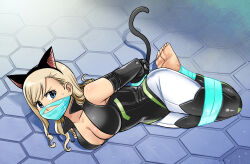 Rule 34 | 1girl, animal ears, bdsm, blonde hair, blue eyes, bondage, bound, bound ankles, bound legs, bound wrists, breasts, cat ears, cat tail, cleavage, eden&#039;s zero, gag, gagged, highres, improvised gag, large breasts, looking at viewer, lost one zero, rebecca bluegarden, solo, tail, tape, tape gag