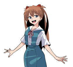 Rule 34 | 1girl, blue eyes, breasts, brown hair, long hair, looking at viewer, medium breasts, neon genesis evangelion, open mouth, sashimi (sasihmi), school uniform, simple background, skirt, smile, solo, souryuu asuka langley, tokyo-3 middle school uniform, twintails, two side up, white background