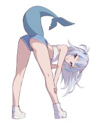 Rule 34 | 1girl, absurdres, ass, bare shoulders, bent over, blue eyes, blue hair, closed mouth, female focus, fins, fish tail, from behind, full body, gawr gura, grey hair, highres, hirotaka0125, hololive, hololive english, looking at viewer, looking back, midriff, multicolored hair, shark tail, shirt, shoes, short shorts, shorts, simple background, sleeveless, sleeveless shirt, solo, streaked hair, tail, tongue, tongue out, virtual youtuber, white background