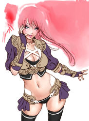 Rule 34 | 1girl, arm guards, blue eyes, breasts, cleavage, contrapposto, curvy, fingerless gloves, gloves, hip focus, lipstick, makeup, midriff, navel, pink hair, sketch, solo, standing, thighhighs, yamashita shun&#039;ya