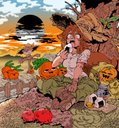 1girl bag black_sun boots breasts brown_hair carrot commission eating farm fence food furry furry_female gradient_sky green_pants hat holding holding_food jack-o&#039;-lantern kafun messy_hair mountainous_horizon onigiri open_mouth original pants scarecrow shirt sitting skeb_commission sky solo staff sun sunset tail tomato tree white_shirt wizard_hat