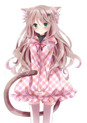 Rule 34 | 1girl, animal ears, blonde hair, blush, cat ears, cat hair ornament, cat tail, checkered clothes, checkered dress, dress, green eyes, hair ornament, long hair, long sleeves, nanase nao, original, solo, tail, thighhighs, v arms, very long hair, white thighhighs, zettai ryouiki