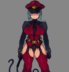Rule 34 | 1girl, 2022, artist name, belt, black gloves, black necktie, blue hair, breast pocket, breasts, collared shirt, commentary, cowboy shot, gloves, grey background, hat, highres, holding, holding whip, large breasts, long sleeves, looking at viewer, necktie, no pants, original, pocket, red eyes, red hat, red legwear, shiny clothes, shirt, short hair, skindentation, solo, symbol-only commentary, twitter username, waa153, whip